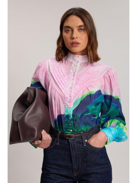 KAREN MILLEN Silk Cotton Scenic Print Balloon Sleeve Woven Pintuck Blouse