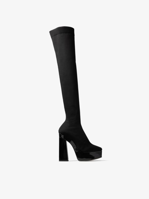 JIMMY CHOO Giome Over The Knee 140
Black Knitted Sock and Patent Over-The-Knee Boots