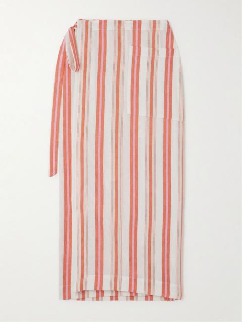 BONDI BORN® Arezzo striped organic linen and cotton-blend midi wrap skirt Red