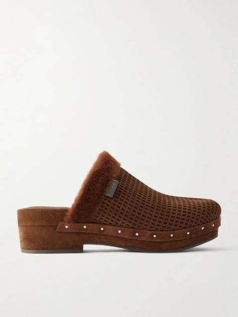 Brunello Cucinelli Bead-embellished Shearling-trimmed Suede Clogs
