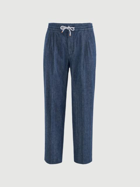 Brunello Cucinelli Lightweight denim trousers with drawstring and double pleats