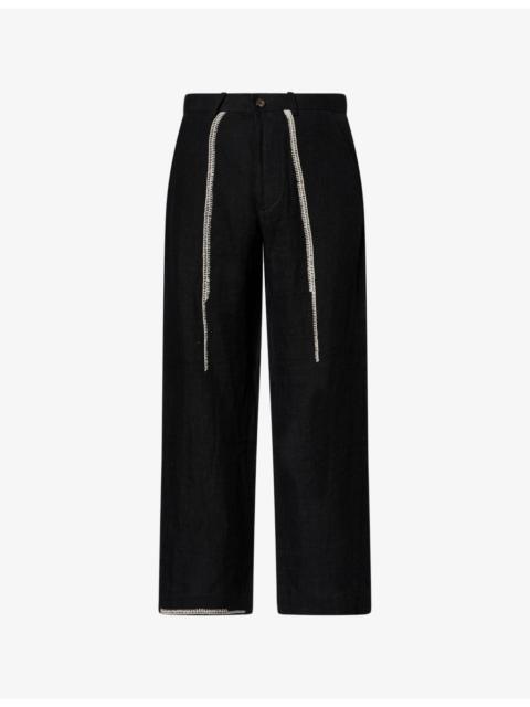KARTIK RESEARCH Contrast-Embroidered Wide-Leg Linen Trousers