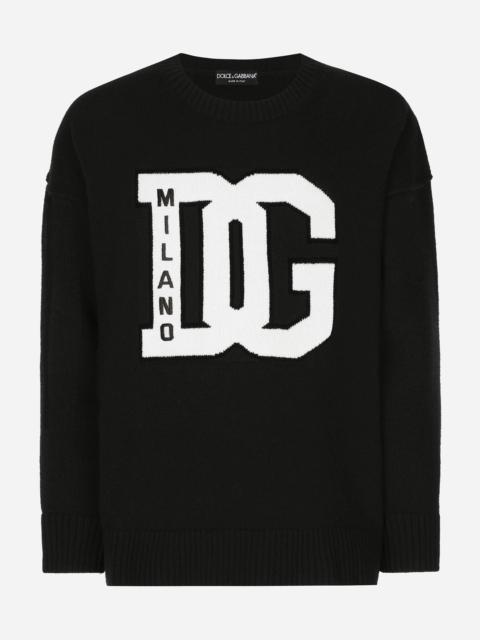 Wool round-neck sweater with DG inlay