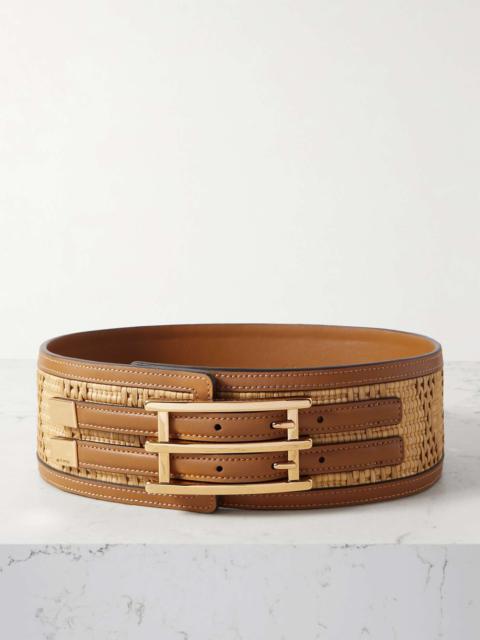 Leather-trimmed raffia waist belt