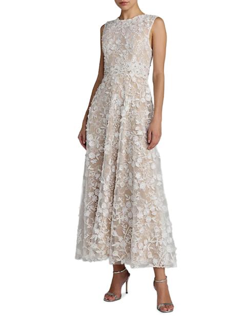 MAC DUGGAL Women's Floral Embroidered Round-Neck Midi-Dress - Ivory Beige