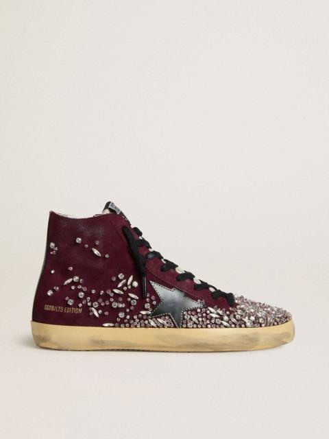 Golden Goose Women's Francy LAB in burgundy suede with glossy black leather star and rhinestones