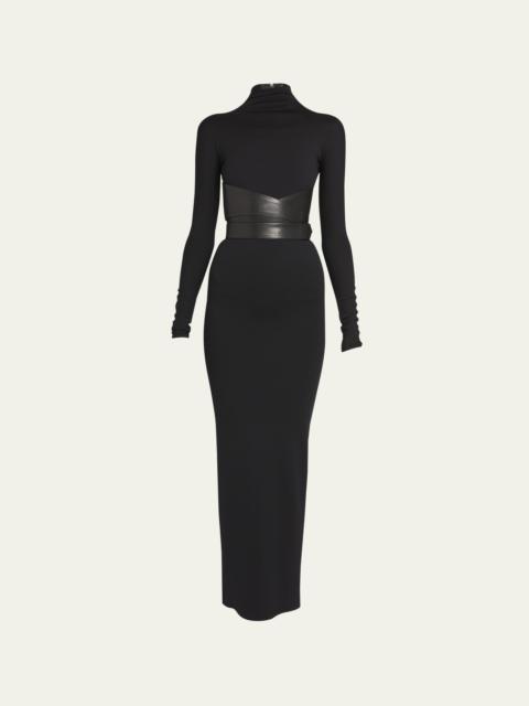 Alaïa Turtleneck Maxi Dress with Wrap Leather Belt