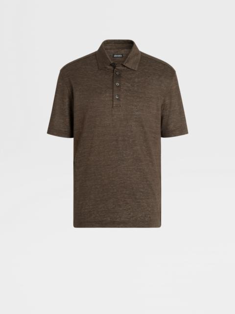 ZEGNA DARK BROWN PURE LINEN SHORT-SLEEVE POLO
