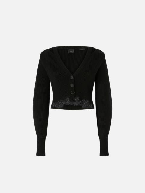 PINKO RIBBED CROPPED CARDIGAN WITH LACE HEM