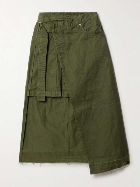 Asymmetric pleated denim wrap skirt