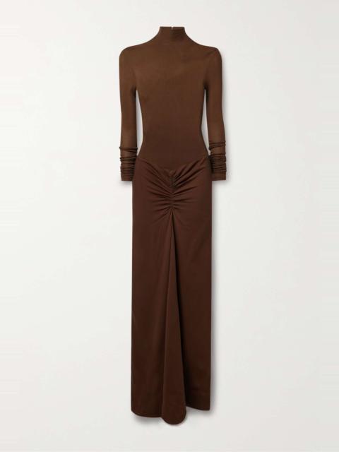 Fusion gathered stretch-jersey and stretch-crepe turtleneck maxi dress