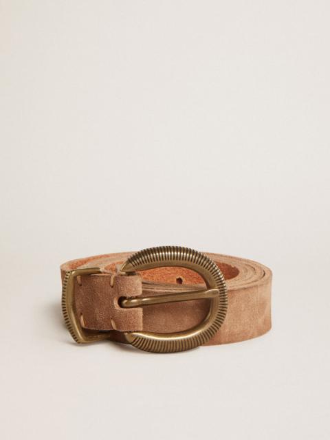 Ash-colored nubuck leather belt with gold buckle