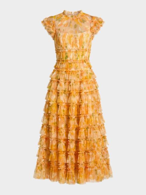 MAC DUGGAL Floral-Print Ruffle Mesh Midi Dress