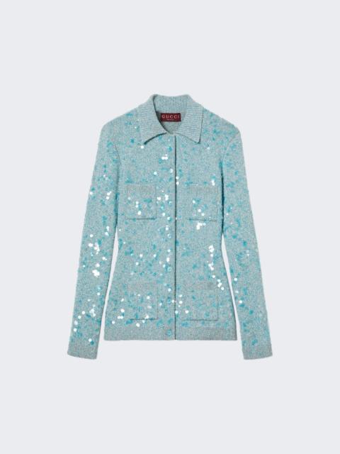 GUCCI Tweed Blend Polo Cardigan Acid Turquoise