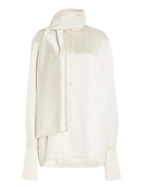 Another Tomorrow Scarf-Detailed Satin Shirt ivory