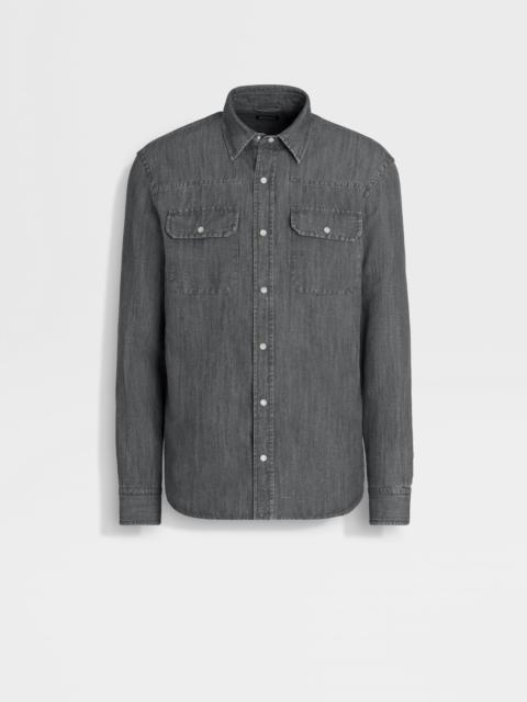 ZEGNA LIGHT GREY BLEACHED COTTON AND LINEN DENIM SHIRT