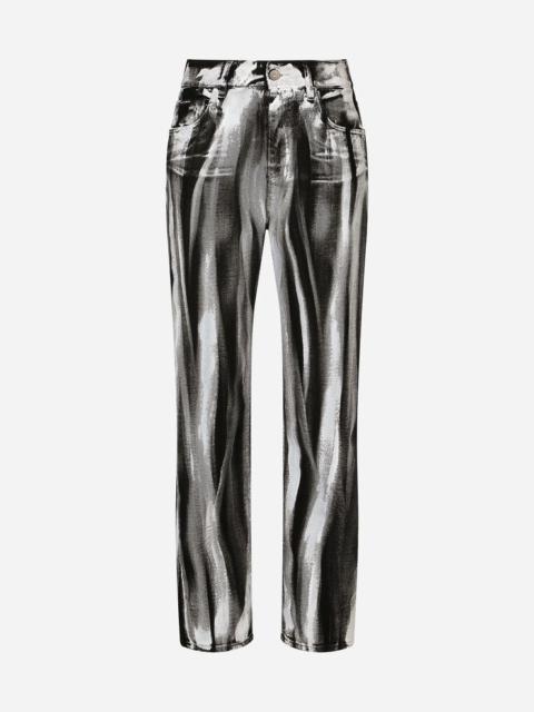 Striped-effect coated boyfriend jeans