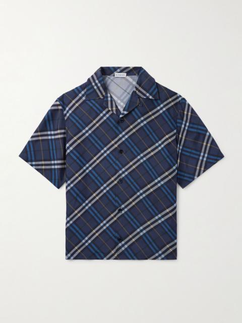 Burberry Convertible-Collar Checked Silk Shirt Navy