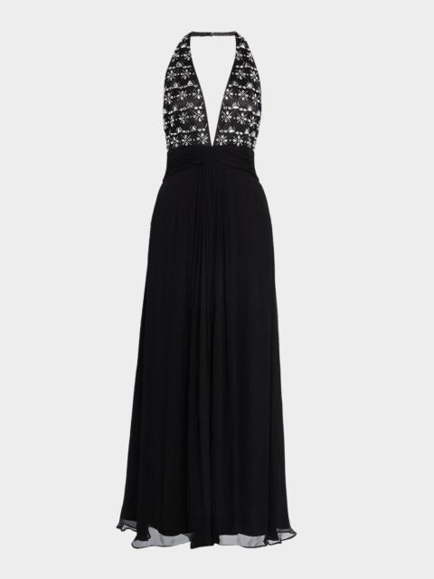 RAMY BROOK Martina Embellished Deep V-Neck Halter Gown