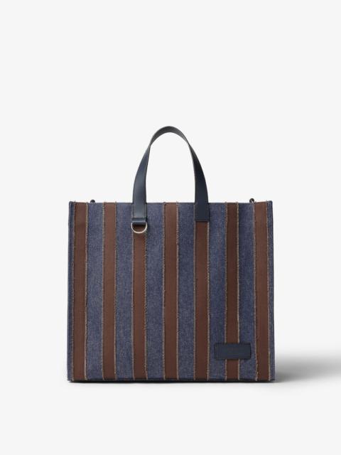 FENDI Pequin shopper Dark blue denim fabric and brown canvas bag