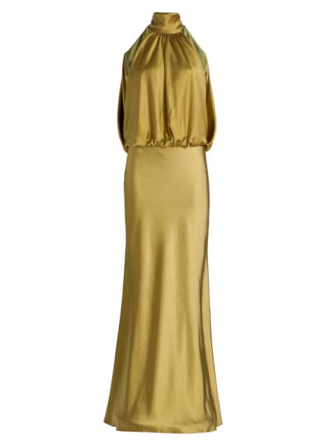 AMSALE Women's ​Draped Satin Halterneck Gown - Moss