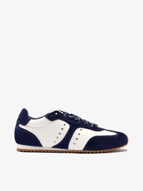 Larroudé Stella Sneaker In White Leather and Indigo Suede