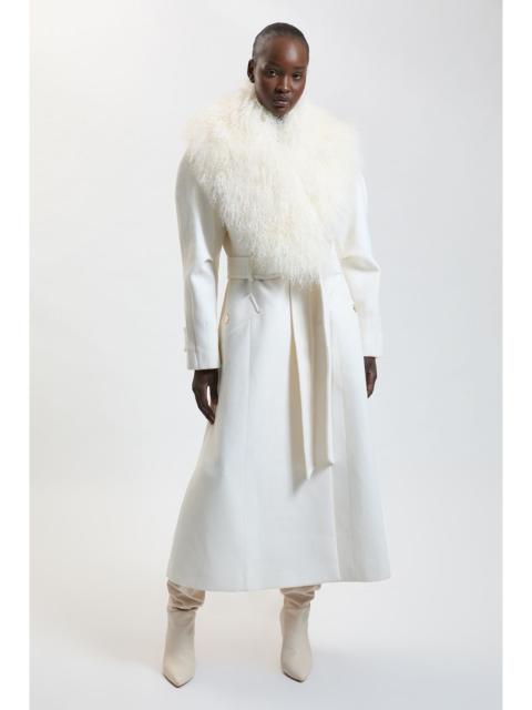 KAREN MILLEN Wool Blend Mongolian Collar Belted Full Midi Coat