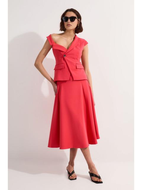 KAREN MILLEN Compact Stretch Asymmetric Collar Belted Full Skirted Tailored Midi Dress