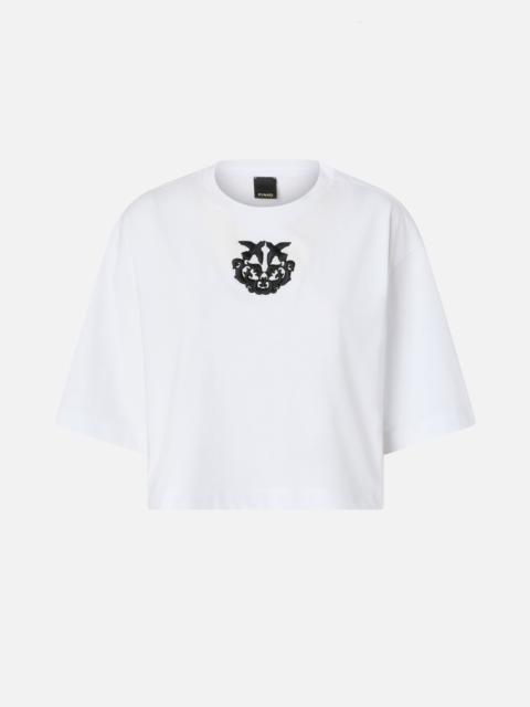 PINKO CROPPED T-SHIRT WITH LOVE BIRDS EMBROIDERY