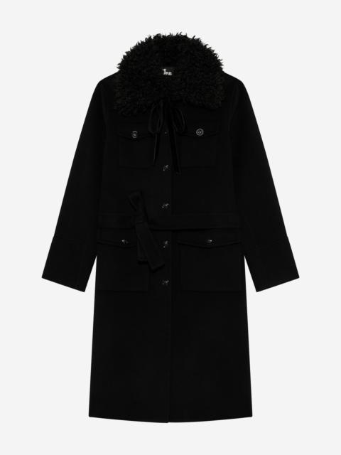 The Kooples LONG DOUBLE-SIDED WOOL COAT WITH BLACK SHERPA COLLAR