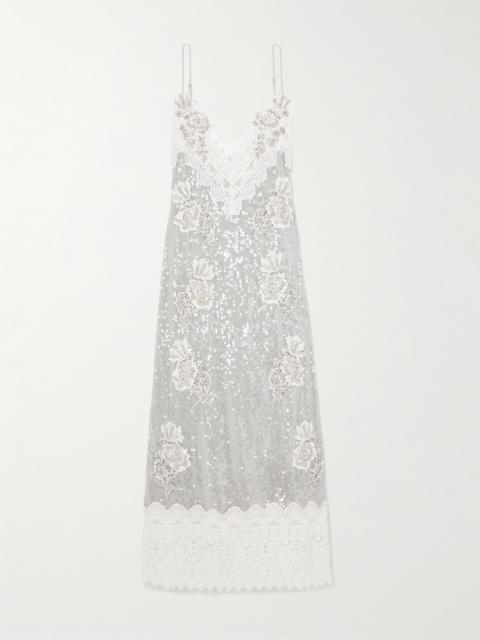 Erdem Embellished Lace-trimmed Sequined Georgette Midi Dress