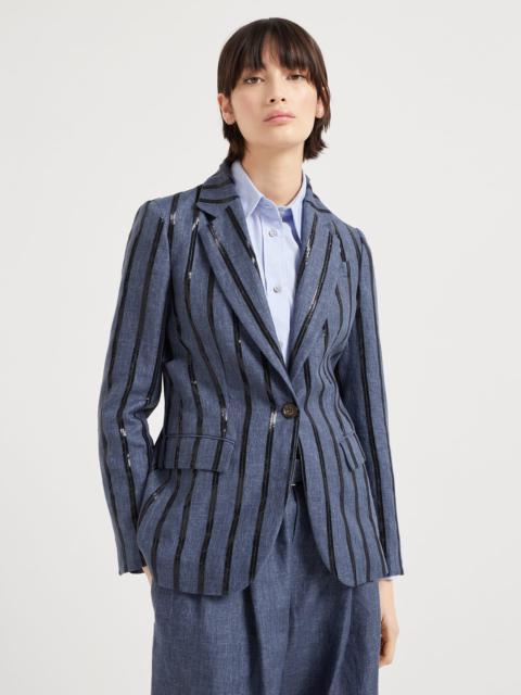 Brunello Cucinelli Denim effect linen blazer with dazzling stripe embroidery