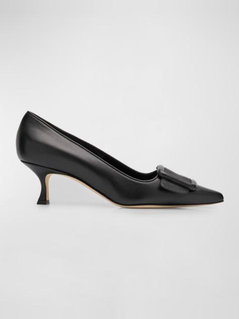 Manolo Blahnik Maysale Leather Buckle Kitten Pumps