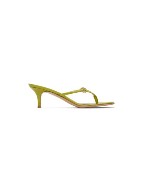 Green Ribbon Thong Heeled Sandals