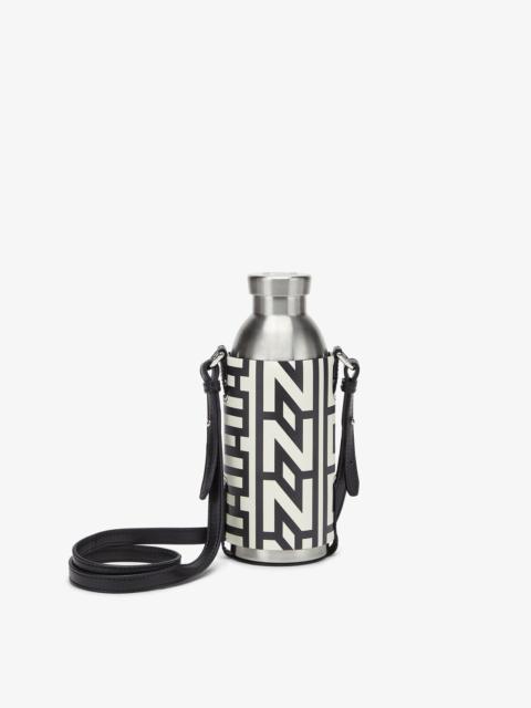 FENDI Thermal flask in black brushed steel, with engraved FENDI ROMA lettering and FF branded lid. Cylindr