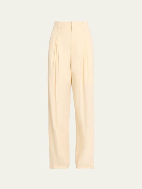 High-Rise Double Pleated Wide-Leg Technical Cotton-Silk Trousers