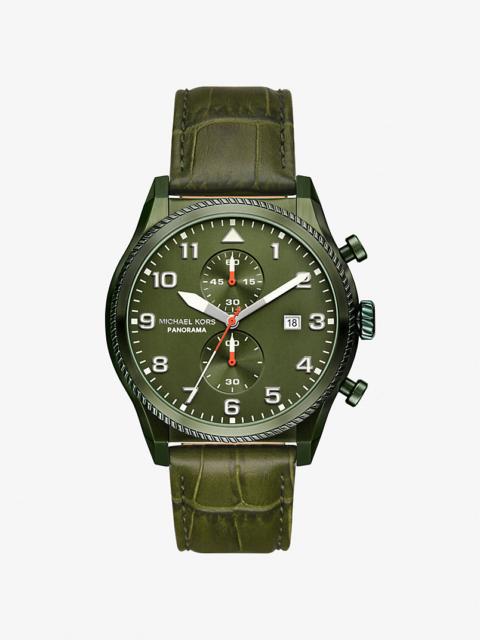 MICHAEL KORS Oversized Panorama Olive-Tone and Crocodile Embossed Leather Watch