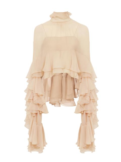 HIGH-LOW RUFFLE TOP IN SILK MOUSSELINE