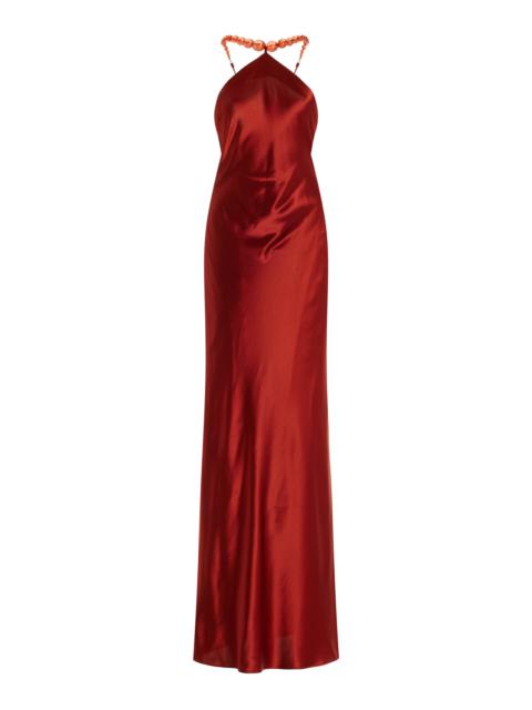 Cadence Bead-Detailed Satin Maxi Dress red