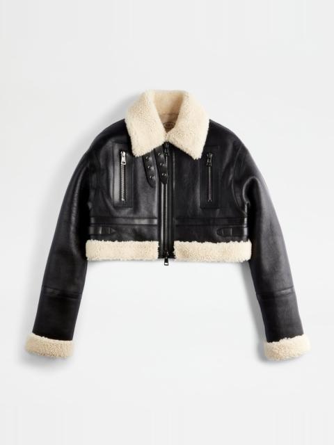 Tod's AVIATOR JACKET IN SHEEPSKIN - BEIGE, BLACK