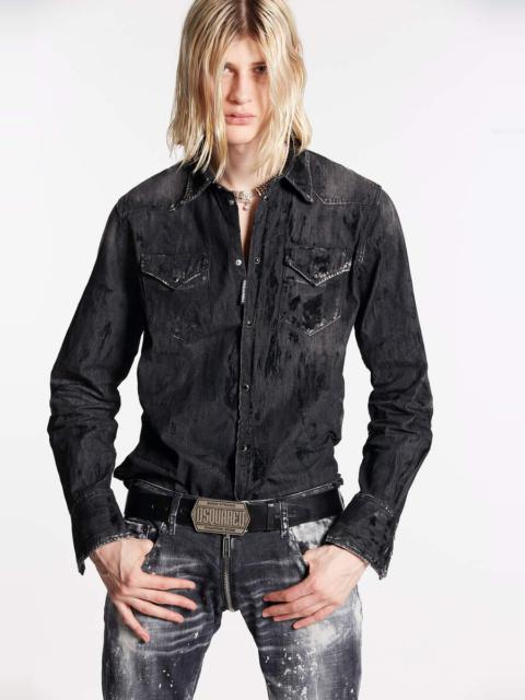 DSQUARED2 BLACK FLOCK COATED WASH CLASSIC WESTERN SHIRT