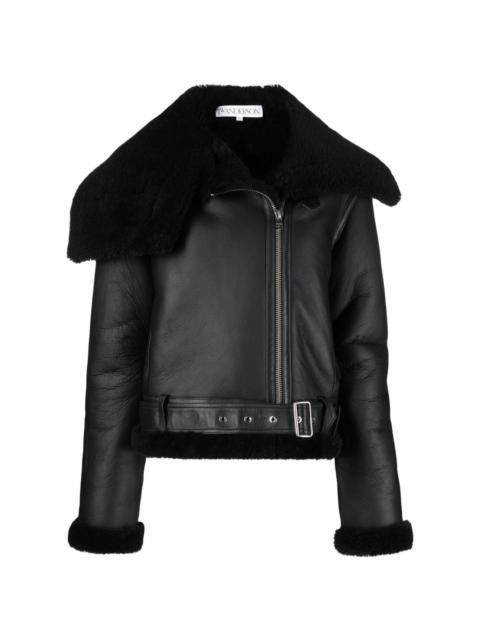 shearling-trim leather biker jacket