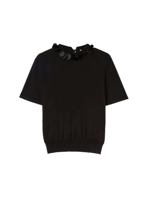 sequin-collar knitted cotton T-shirt