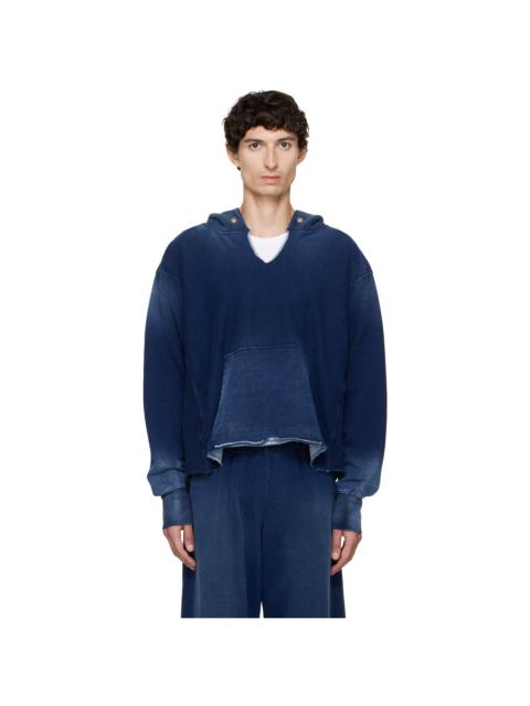 LES TIEN Navy Heavyweight Raw Cropped Hoodie