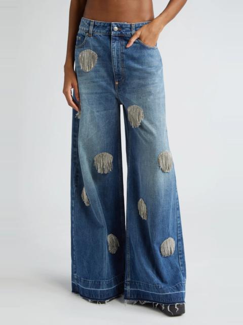 Crystal Fringe Dot Release Hem Flare Jeans