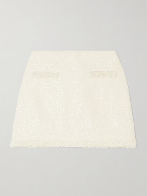 self-portrait Faux pearl-embellished sequined bouclé-tweed mini skirt Cream