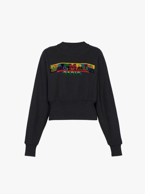 Balmain Cropped black eco-designed cotton sweatshirt with pixel Balmain logo