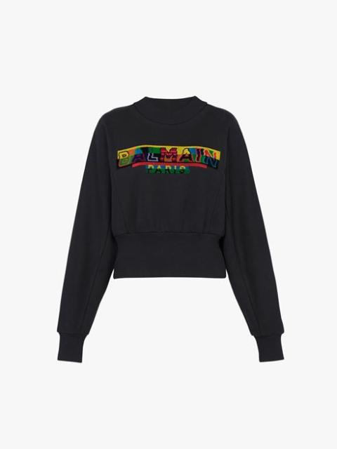 Cropped black eco-designed cotton sweatshirt with pixel Balmain logo