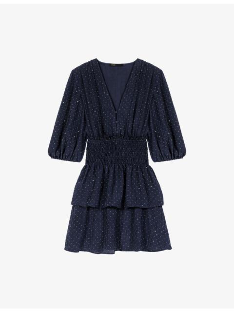 maje Rhinestone-Embellished Ruffled Woven Mini Dress
