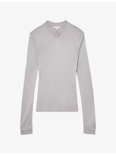 REISS Bordy High V-Neck Woven Top